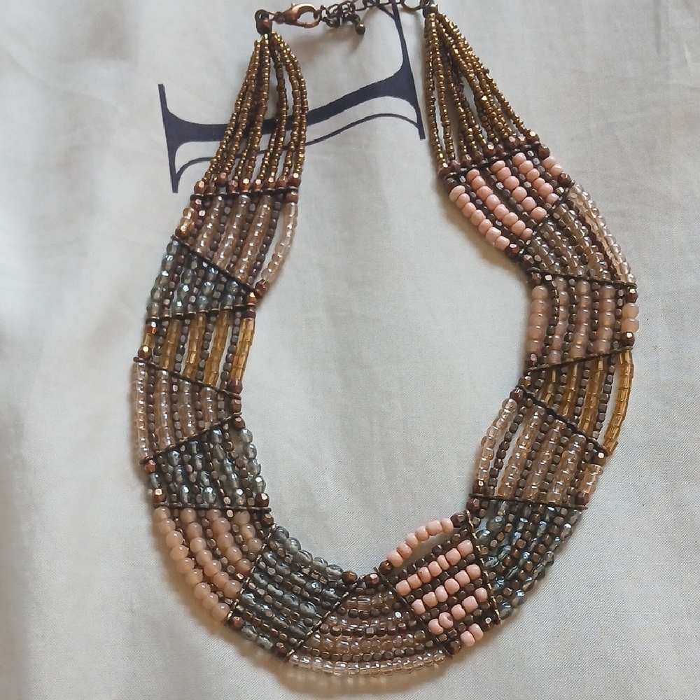 Beaded Multi-Strand Statement Necklace - Pink and Gold Tones